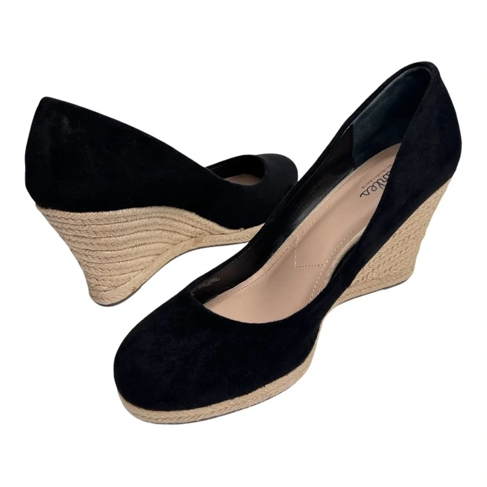 Charles by Charles David Black Faux Suede Espadrille Wedge Pumps